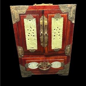 Vintage Oriental Chinese Rosewood Brass & Carved Jade Inlay Counter Jewelry Box